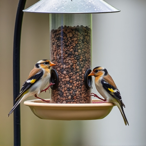 Small finches eating from garden feeder