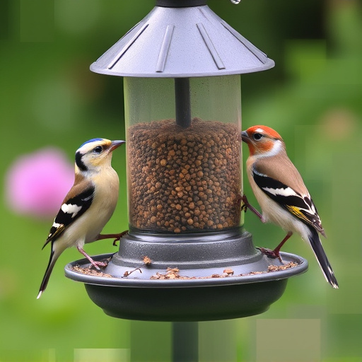 Small finches eating from garden feeder