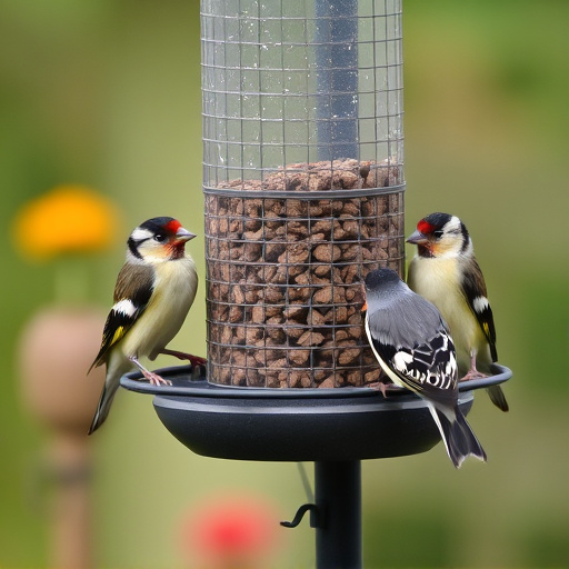 Small finches eating from garden feeder