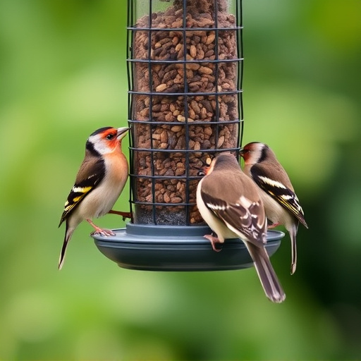 Small finches eating from garden feeder