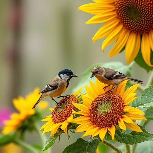 Small garden birds eating sunflower hearts