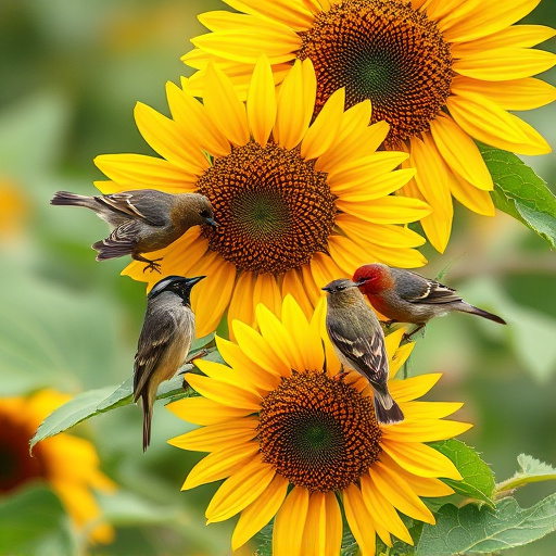 Small garden birds eating sunflower hearts