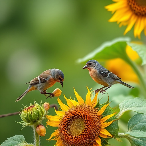 Small garden birds eating sunflower hearts