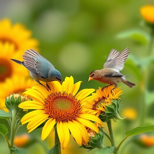 Small garden birds eating sunflower hearts