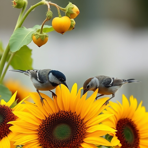 Small garden birds eating sunflower hearts