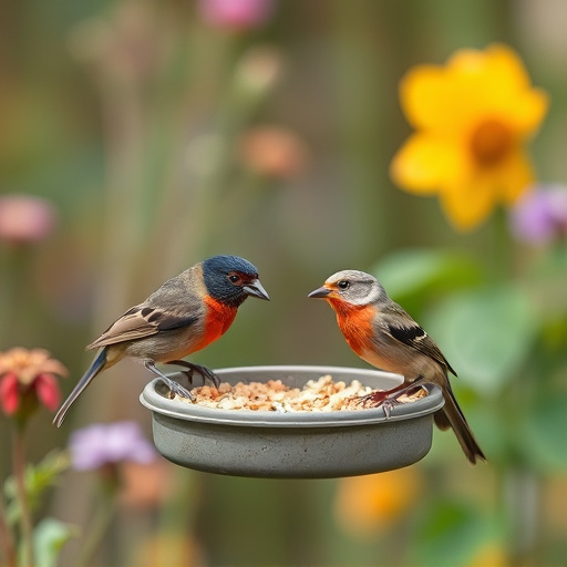 Small garden birds feeding on no-mess mix