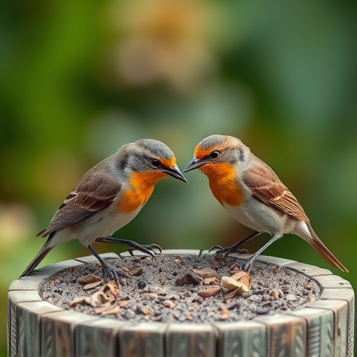 Small garden birds feeding together