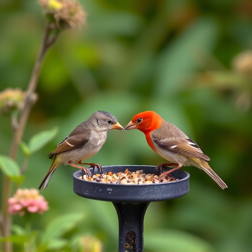 Small garden birds feeding together