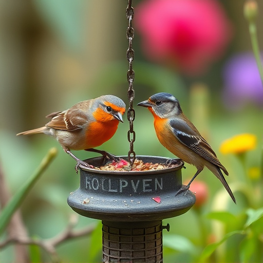Small garden birds feeding together