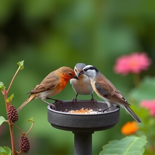 Small garden birds feeding together