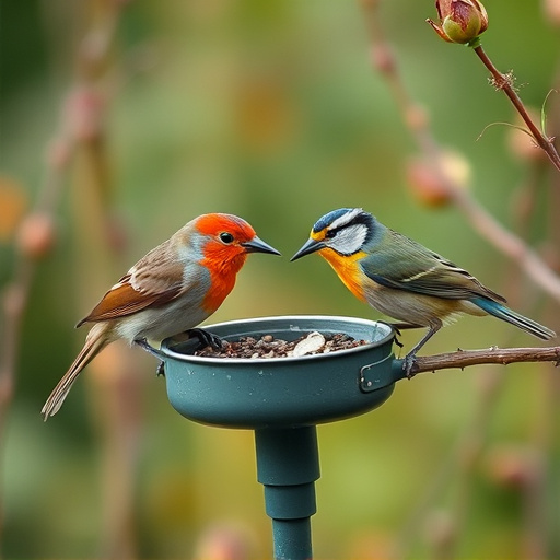 Small garden birds feeding together