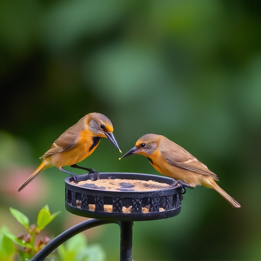Small garden birds feeding together