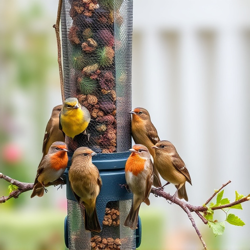 Small garden birds gathered around suet