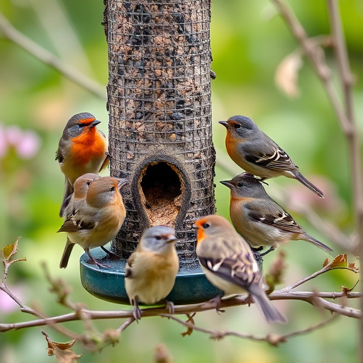 Small garden birds gathered around suet
