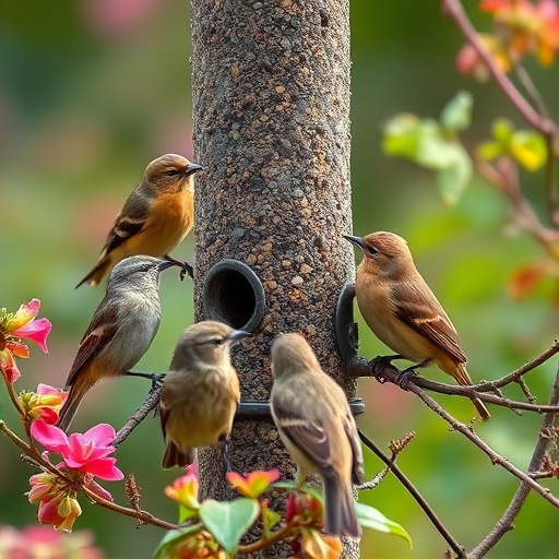 Small garden birds gathered around suet