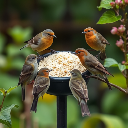 Small garden birds gathered around suet