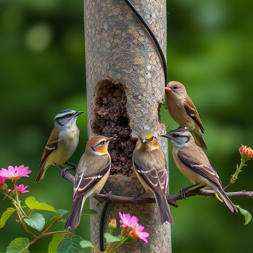 Small garden birds gathered around suet
