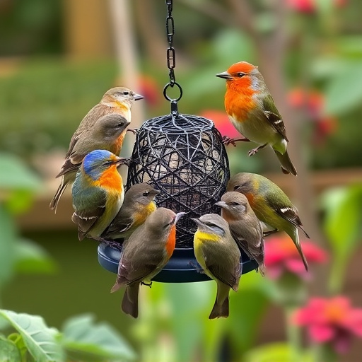 Small garden birds gathered around suet