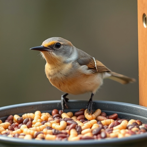 Small songbird feeding on mealworm tray