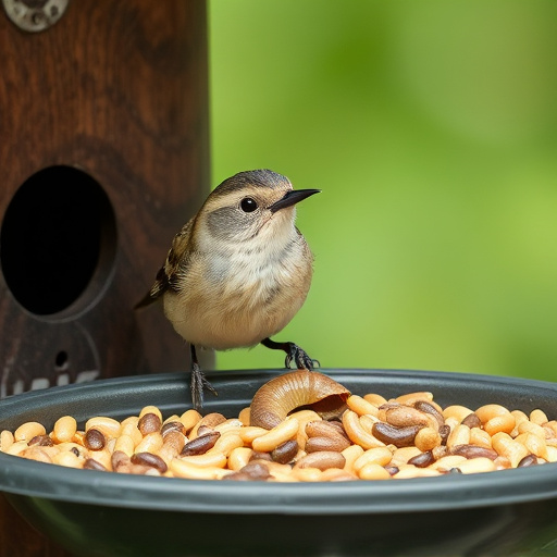 Small songbird feeding on mealworm tray