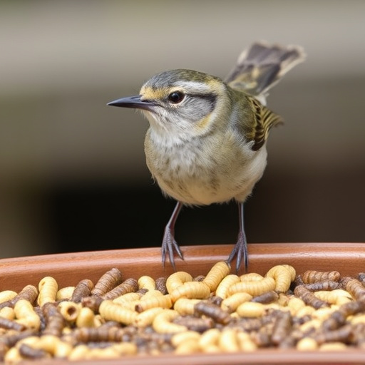 Small songbird feeding on mealworm tray