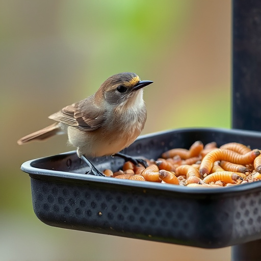 Small songbird feeding on mealworm tray