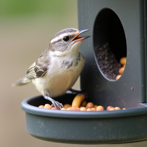Small songbird feeding on mealworm tray