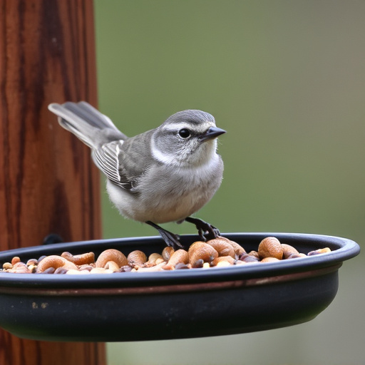 Small songbird feeding on mealworm tray
