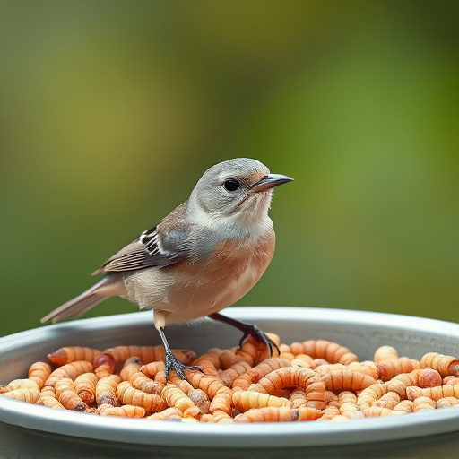 Small songbird feeding on mealworm tray