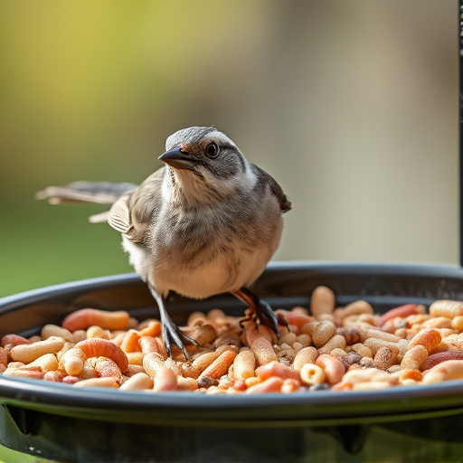 Small songbird feeding on mealworm tray