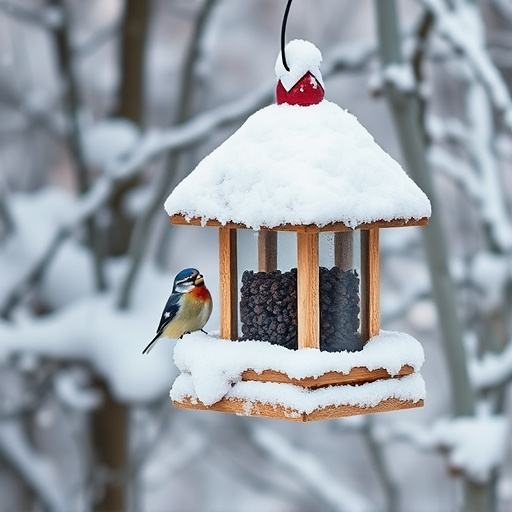 Snow-covered weatherproof bird feeder scene
