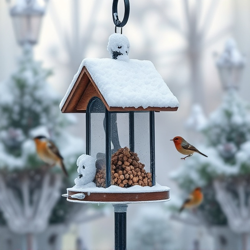 Snow-covered weatherproof bird feeder scene