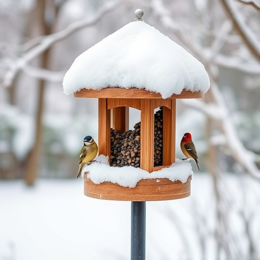 Snow-covered weatherproof bird feeder scene