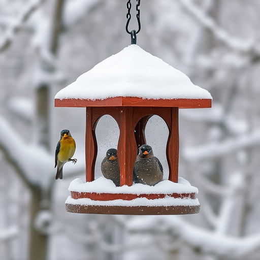 Snow-covered weatherproof bird feeder scene