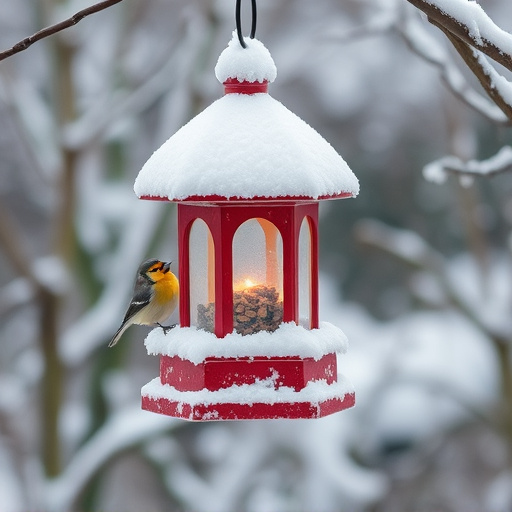 Snow-covered weatherproof bird feeder scene