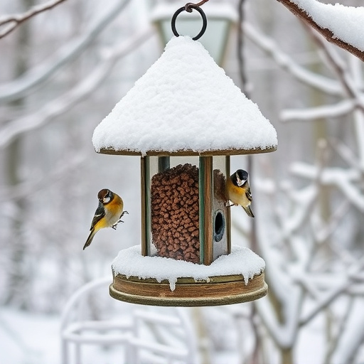 Snow-covered weatherproof bird feeder scene
