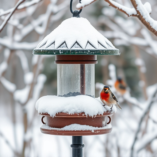 Snow-covered weatherproof bird feeder scene