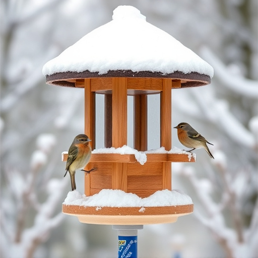 Snow-covered weatherproof bird feeder scene