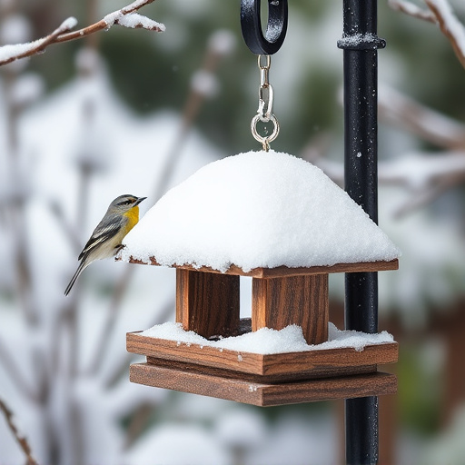 Snow-covered weatherproof bird feeder scene