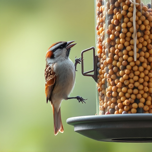 Sparrow clinging to hanging fat ball feeder