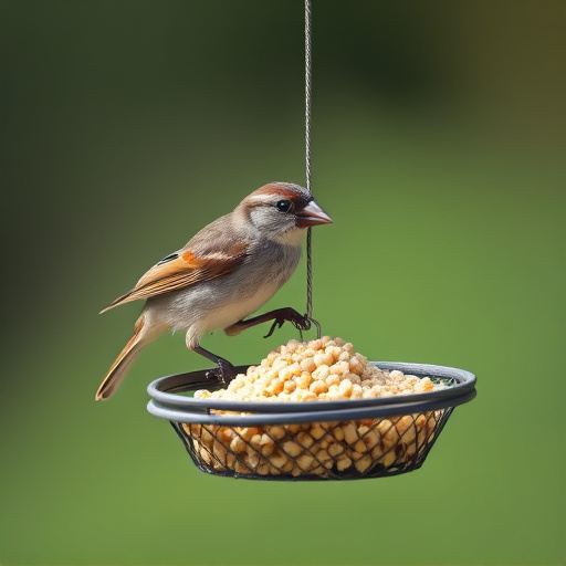 Sparrow clinging to hanging fat ball feeder