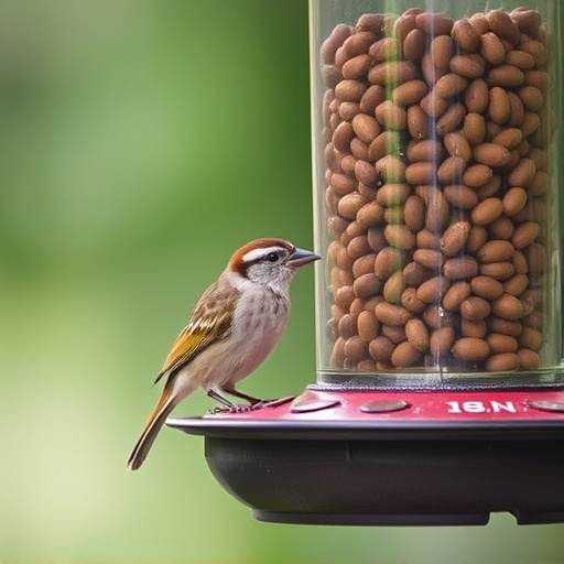 Sparrow clinging to hanging fat ball feeder