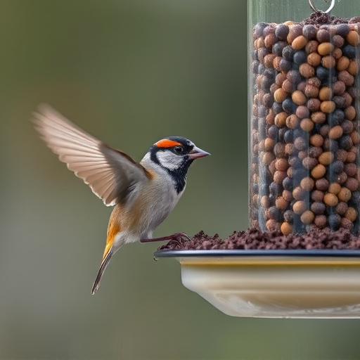 Sparrow clinging to hanging fat ball feeder