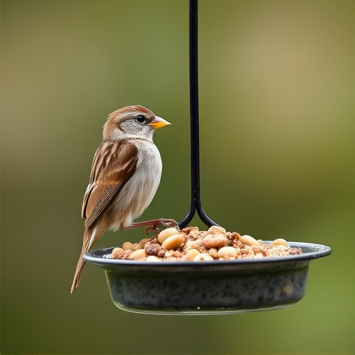 Sparrow clinging to hanging fat ball feeder