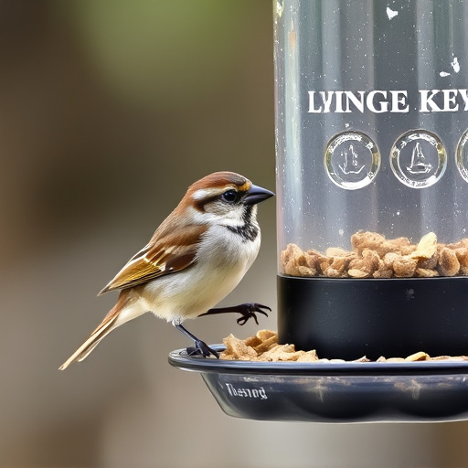 Sparrow clinging to hanging fat ball feeder