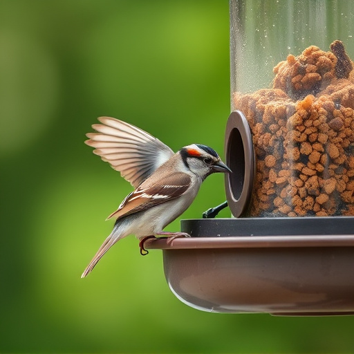 Sparrow clinging to hanging fat ball feeder