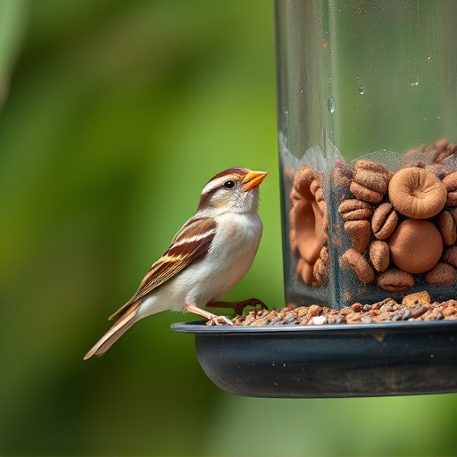 Sparrow clinging to hanging fat ball feeder