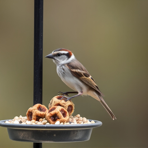 Sparrow clinging to hanging fat ball feeder