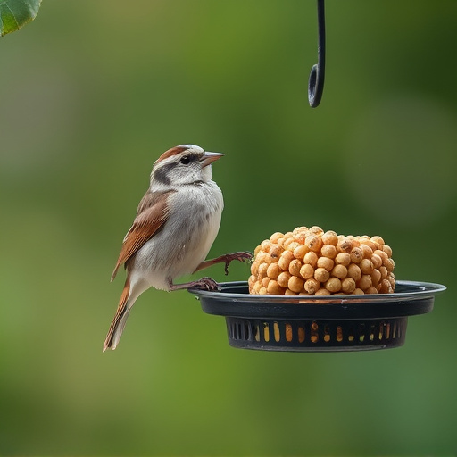 Sparrow clinging to hanging fat ball feeder