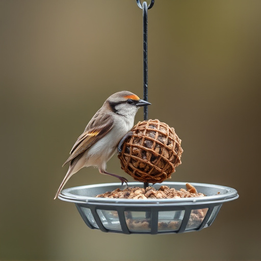 Sparrow clinging to hanging fat ball feeder